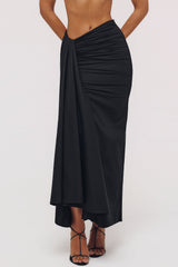 April Black Draped Cotton Midi Skirt