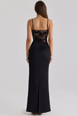 Eliette Black Embellished Lace + Satin Maxi Dress