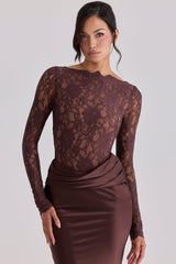 Yasmeen Espresso Brown Lace + Satin Draped Maxi Dress