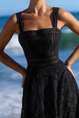 Ava Black Cotton Placement Broderie Anglaise Midi Dress