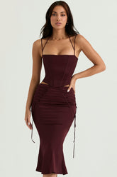 Sidonie Wine Satin Lace Up Midi Skirt