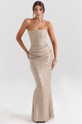 Persephone Pale Gold Chiffon Mesh Strapless Corset Maxi Dress