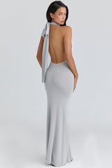 Nova Silver Grey Halter Neck Backless Maxi Dress