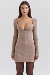 Angelie Brown Puppytooth Check Plunge Mini Dress