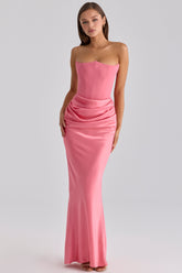 Persephone Raspberry Satin + Crepe Strapless Corset Maxi Dress