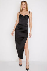 Flora Black Satin Pleated Corset Midi Dress