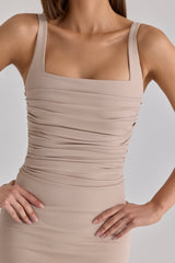 Calandra Taupe Stretch Crepe Ruched Maxi Dress