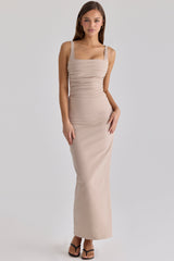 Calandra Taupe Stretch Crepe Ruched Maxi Dress