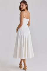 Vionne White Pleated Cotton Godet Midi Dress