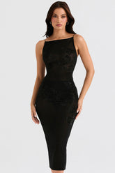Amirah Black Mesh Crystal Embellished Midi Dress