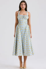 Adabella Soft Blue Vintage Floral Print Cotton Halter Sundress