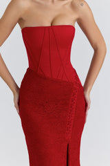 Valerie Red Satin Lace Strapless Maxi Dress