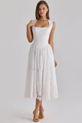 Safira White Floral Broderie Anglaise Cotton Midi Dress