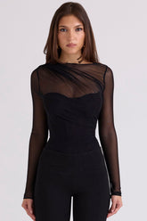 Orelia Black Draped Mesh Bodysuit