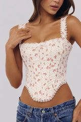 Adina White Rose Print Cotton Scallop Trim Corset Top