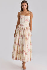 Ysabella Ivory Vintage Rose Print Cotton Midi Sundress
