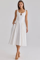 Alira White Pleated Cotton Peekaboo Midi Dress