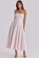 Gina White Rose Print Strapless Cotton Maxi Dress