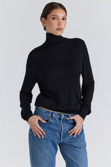 Angel Black Silk + Wool Roll Neck Sweater