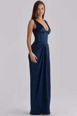 Angeline Navy Satin Corset Maxi Dress