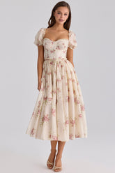 Penelope Ivory Vintage Rose Print Chiffon Midi Dress