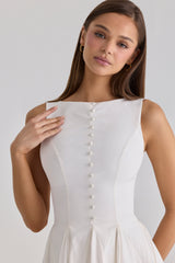 Azalina White Boat Neck Button Front Cotton Maxi Dress