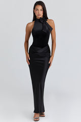 Beau Black Satin Draped Maxi Skirt
