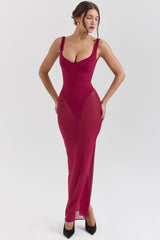 Robina Wine Stretch Mesh Maxi Dress