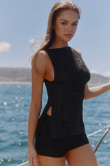 Valencia Black Cotton Placement Lace Broderie Anglaise Boat Neck Top