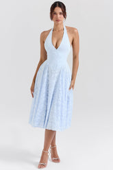 Arietta Bluebell Floral Jacquard Halter Midi Dress