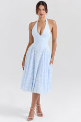 Arietta Bluebell Floral Jacquard Halter Midi Dress