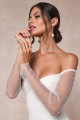 Eternally Beloved White Mesh Off-the-Shoulder Pearl Maxi Dress
