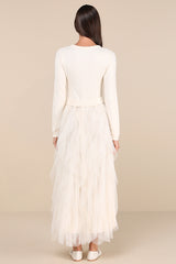 Ultimate Beauty Ivory Cable Knit Ruffled Tulle Maxi Dress