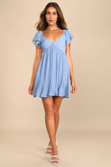 Amalfi Coast Light Blue Pleated Flutter Sleeve Mini Dress