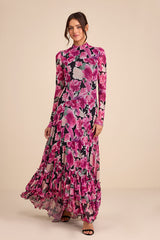 Emilina Black and Magenta Floral Mock Neck Maxi Dress