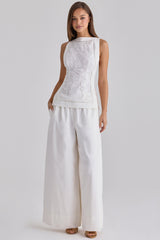 Valencia White Cotton Placement Lace Broderie Anglais Boat Neck Top