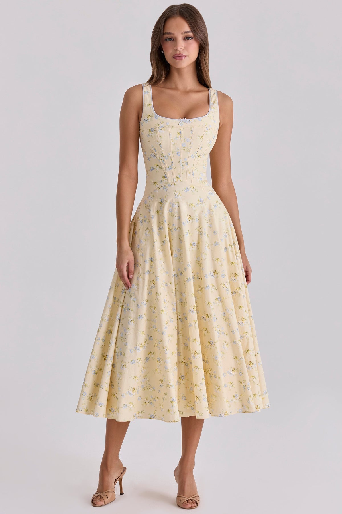 Jaime Lemon Floral Print Cotton Lace Up Midi Sundress