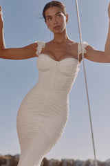 Antonella White Gathered Mesh Maxi Dress