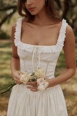 Phoebe White Cotton Broderie Anglaise Trim Midi Dress