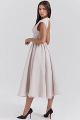 Debutante French Dove Moire Satin Backless Midi Dress