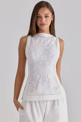 Valencia White Cotton Placement Lace Broderie Anglais Boat Neck Top