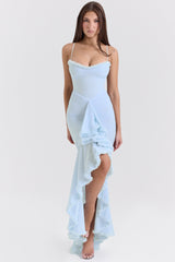 Gabbi Ice Blue Mesh Ruffled Front Gown