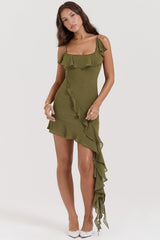 Marcia Olive Ruffle Mini Dress