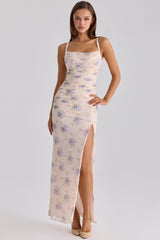 Lini Ivory Sweet Peony Print Stretch Mesh Maxi Dress