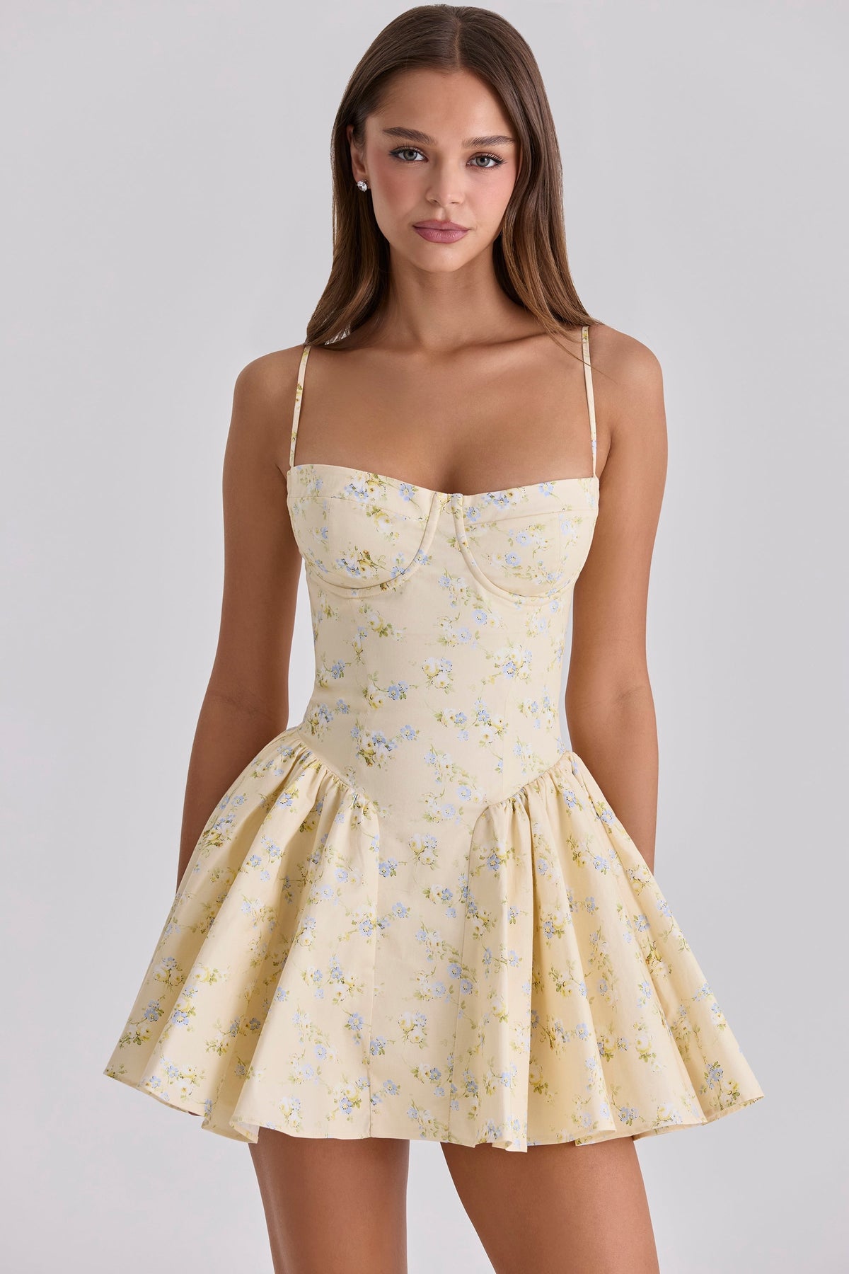 Samaria Lemon Floral Print Cotton Corset Mini Dress