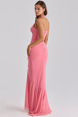 Carmine Raspberry Mesh Halter Neck Waterfall Maxi Dress