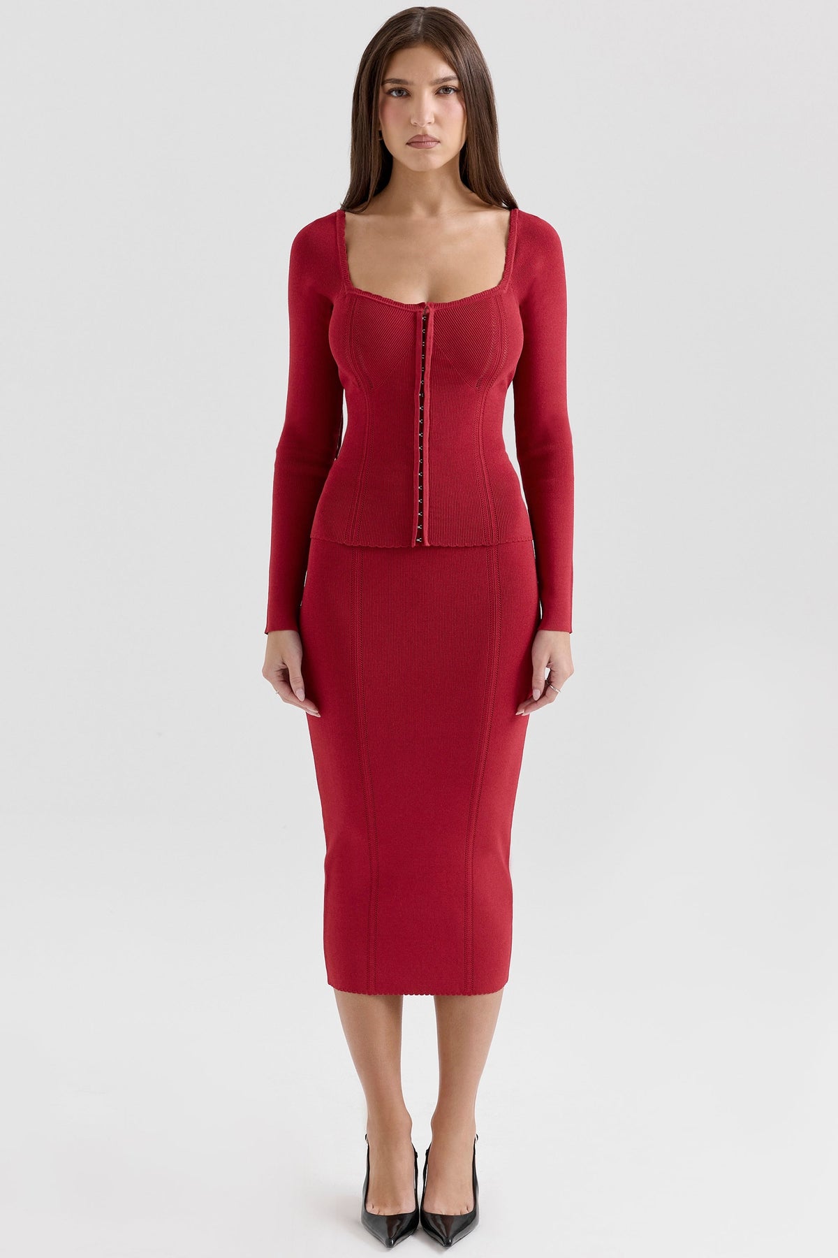 Eliane Red Bodycon Midi Skirt