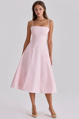 Dolly Pink Sateen Cotton Flared Midi Sundress