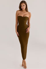 The Sweetheart Olive Shimmer Strapless V Waist Bandage Maxi Dress