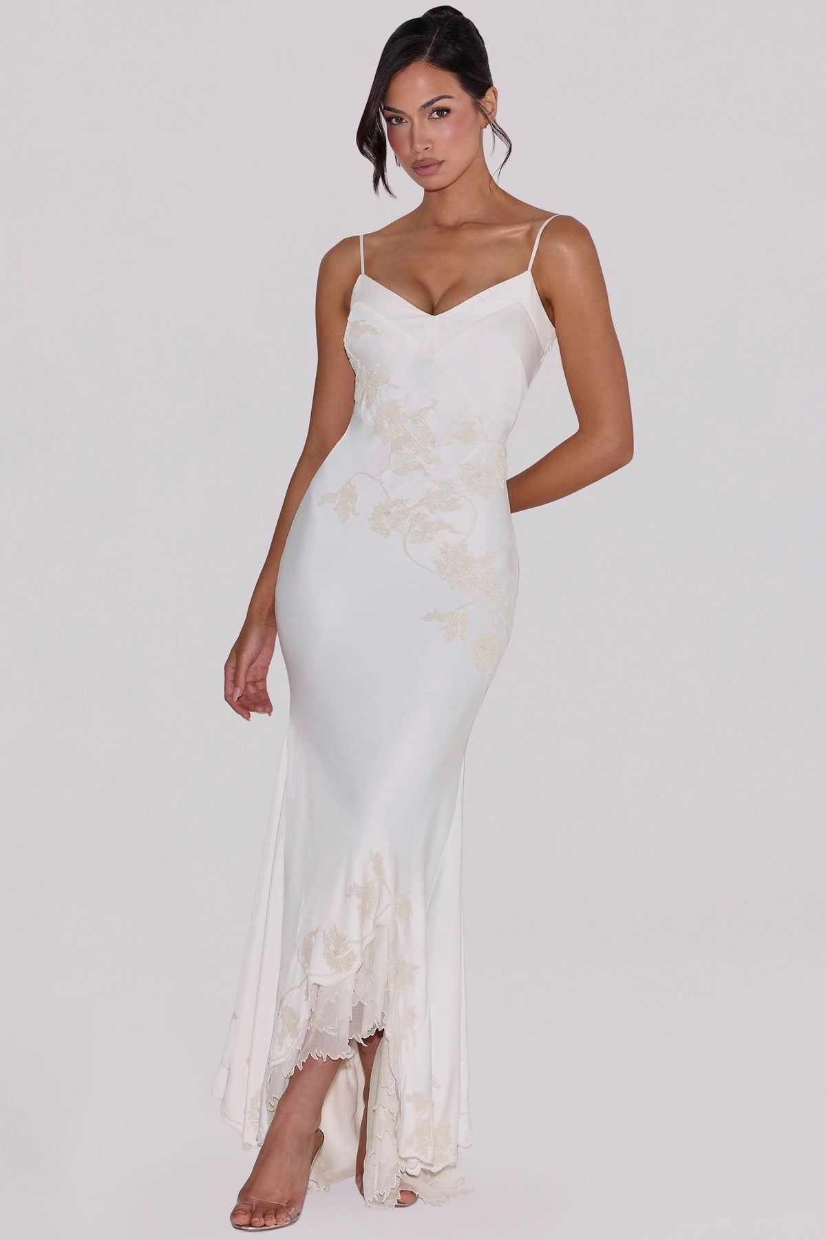 Anastelle Vintage Ivory Satin Hand Beaded Embellished Maxi Dress